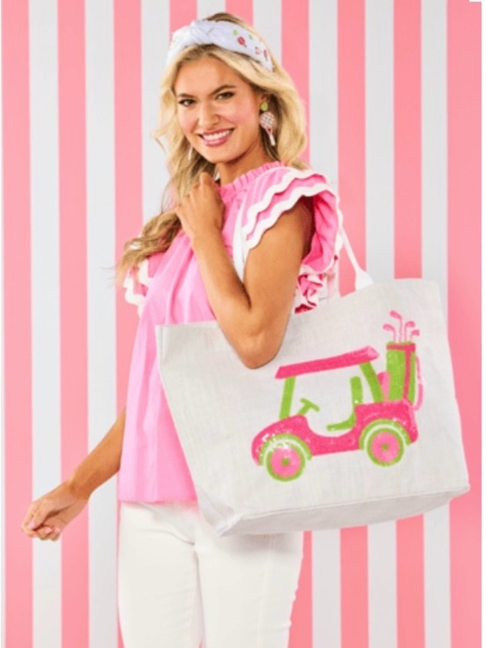 Mud Pie White Canvas Tote Bag with Pink and Lime Golf Cart Design